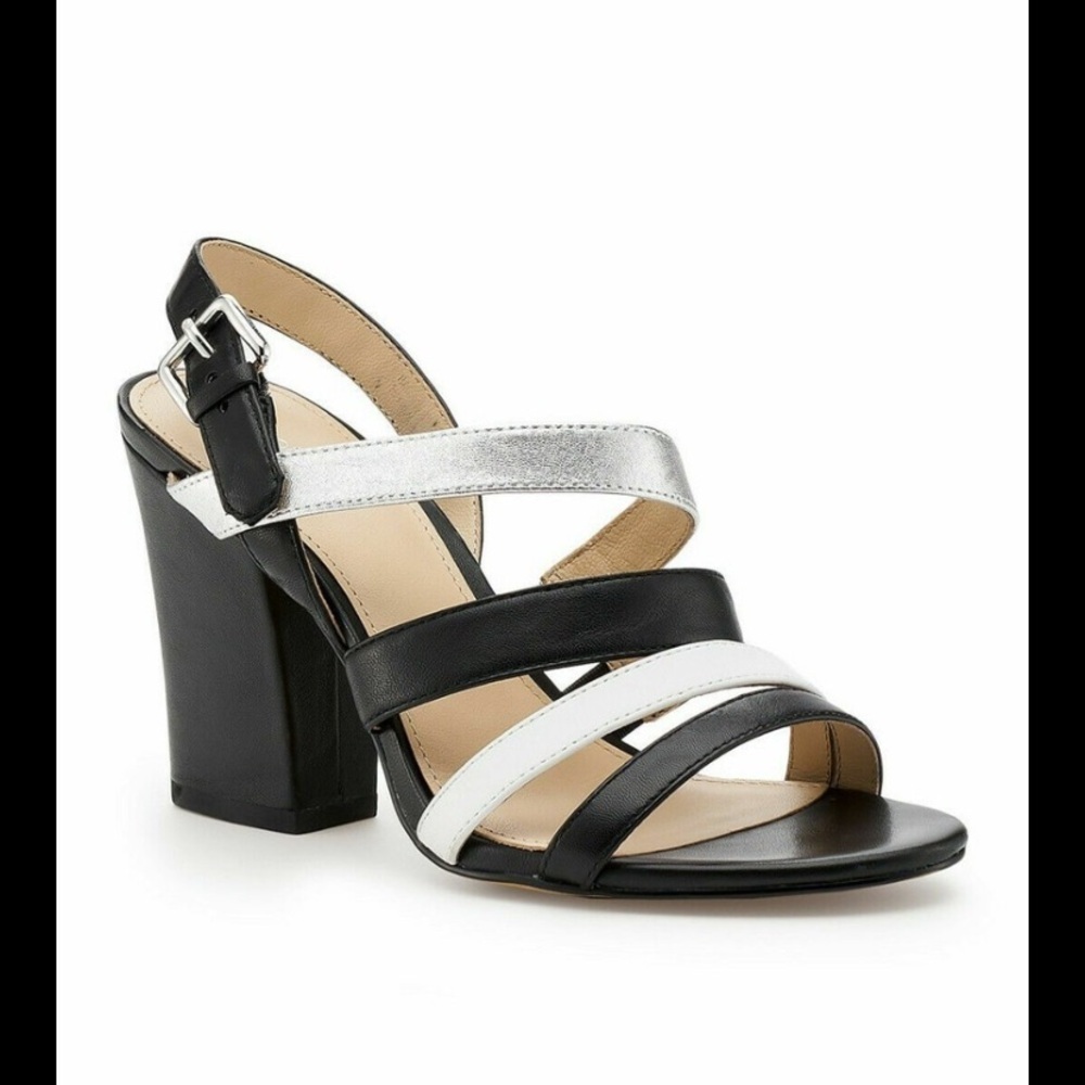 Botkier Black White Silver Strappy Block Heel Sandals